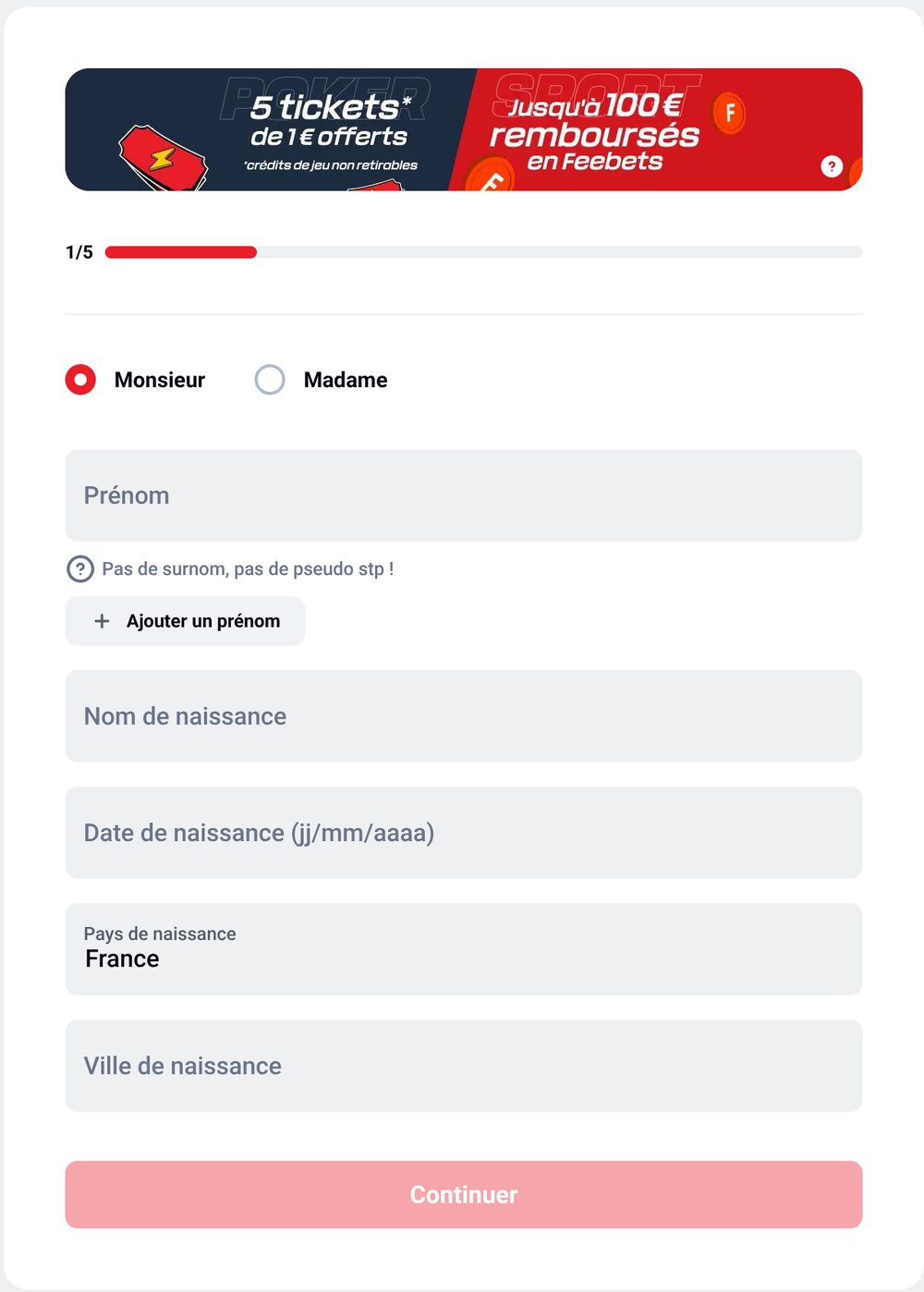 formulaire d'inscription Betclic, première étape